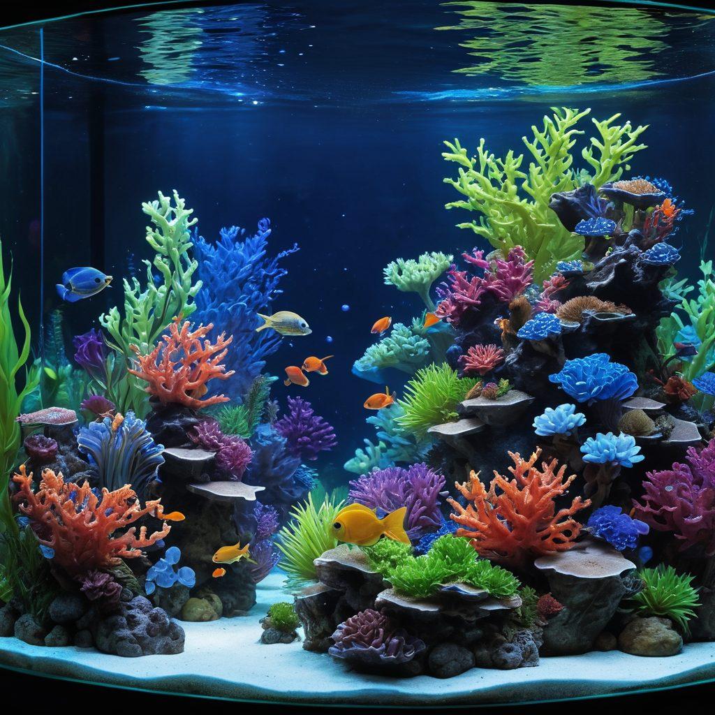 A beautifully crafted aquarium showcasing a vibrant underwater ecosystem with diverse marine life, including colorful fish, lush aquatic plants, and intricate coral structures. The scene is illuminated by soft blue lighting to mimic ocean depths, featuring a well-maintained filtration system in the background. Show a person thoughtfully observing the aquarium, with bubbles rising to the surface, embodying a sense of tranquility and mastery in marine life care. super-realistic. vibrant colors. 3D.