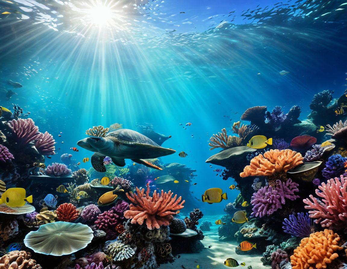 A serene underwater landscape showcasing a vibrant coral reef teeming with colorful marine life, including fish, sea turtles, and healthy corals. Bubbles gently rise to the surface, illustrating clean water. A sunbeam cuts through the water, highlighting the lush flora. Include scientific monitoring tools subtly placed in the scene to signify water quality maintenance. super-realistic. vibrant colors. underwater scene.