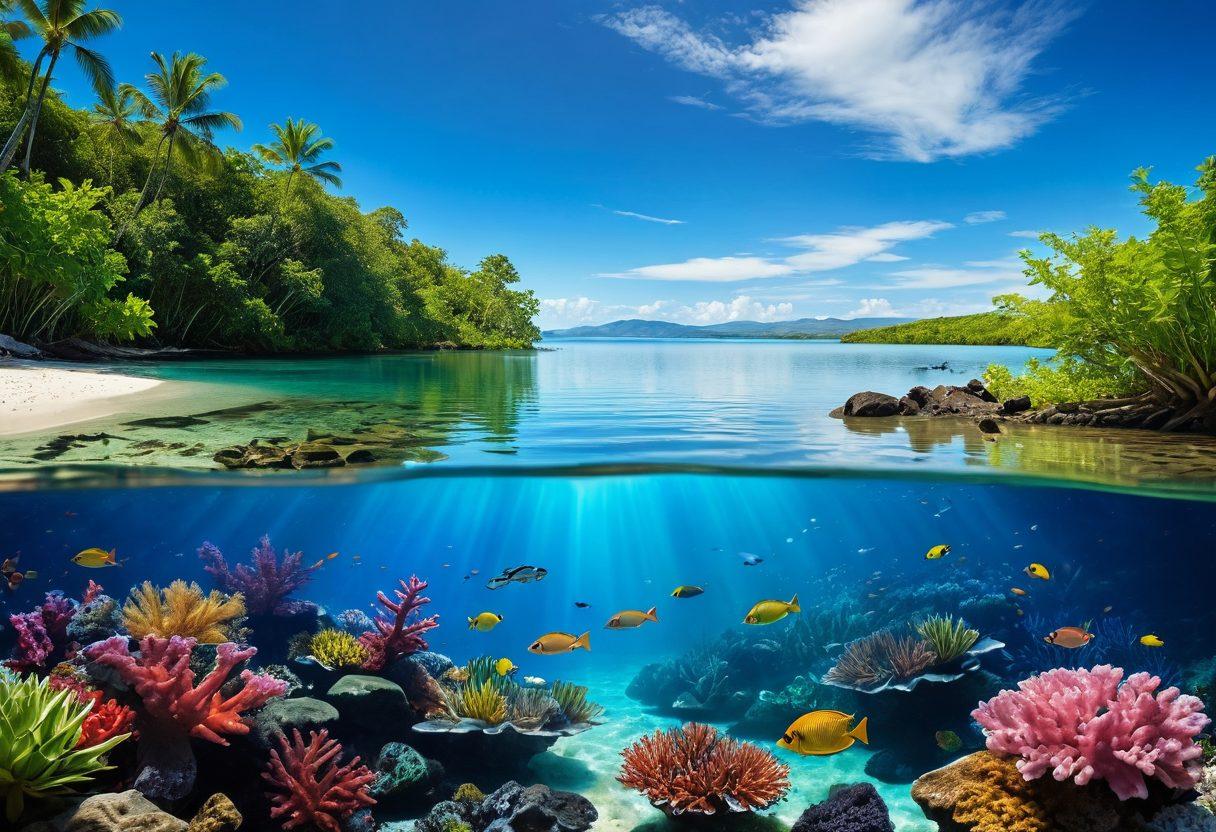A serene transition scene depicting a vibrant freshwater lake merging into a lively saltwater ocean. Show diverse fish species swimming harmoniously in both environments, with lush aquatic plants on one side and colorful coral reefs on the other. Include a clear blue sky above with soft sunlight filtering through the water, creating a tranquil atmosphere. The focus is on the balance of habitats and biodiversity. super-realistic. vibrant colors. natural light.